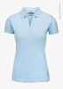 A light blue women's V-neck polo shirt made from organic cotton, featuring a collar and short sleeves.