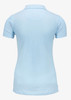 A light blue women’s polo shirt featuring a classic V-neck and short sleeves, with a logo on the back.