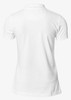 A white women's polo shirt featuring a V-neck design and a plain back, with a logo on the side.