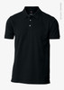 A black polo shirt made from organic cotton featuring a collar and three buttons, along with a logo.