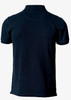 A dark navy polo shirt featuring a collar and short sleeves, with a logo on the back.