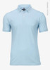 A light blue polo shirt made from organic cotton, featuring a classic collar and short sleeves. It has a logo.
