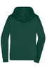 A green ladies' zip hoodie featuring a hood and long sleeves, with a logo on the back.