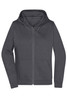 A zip-up hoodie in dark grey featuring a hood and a front pocket, with a logo on it.
