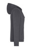 A grey zip hoodie featuring a hood and front pocket, with a branded logo.