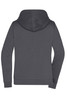 A grey ladies zip hoodie with a hood and long sleeves, featuring a branding logo on the back.