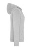 A grey zip hoodie for ladies, featuring a hood and front pockets, with a logo on the garment.