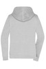 A grey ladies zip hoodie featuring a spacious hood and fitted design, with a logo on the back.
