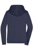 A navy ladies zip hoodie with a hood and long sleeves, featuring a logo on the back.