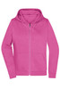 A pink zip hoodie featuring a hood, long sleeves, and a front pouch pocket. It has a logo on it.