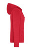 A red ladies zip hoodie with a hood and front pockets, featuring a logo.
