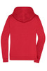 A red zip hoodie featuring a hood and long sleeves, with a plain back and one logo.
