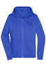 A ladies blue zip hoodie featuring a front pocket and a hood, designed for comfort and style.