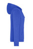 A blue ladies zip hoodie features a hood and a front pocket, displayed from the side. Includes a logo.