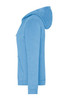 A light blue zip hoodie featuring a hood and a front pocket, showcased from a side view.