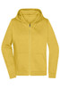 A yellow ladies zip hoodie with a front pocket and a drawstring hood. It features a branding logo.