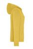 A yellow zip hoodie featuring a hood and side pockets, with a logo on the fabric.
