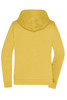 A yellow ladies' zip hoodie featuring a hood and long sleeves, with a branding logo on the back.