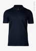 A navy blue men's polo shirt with a V-neck and short sleeves, featuring a logo on the chest.