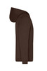 A mens zip hoodie in a dark brown colour with a hood and front pocket, featuring a logo.