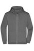 A grey zip-up hoodie featuring a hood and front pockets, with a logo displayed on the garment.