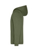 A men's olive green zip hoodie featuring a hood and a kangaroo pocket. It has a logo on it.