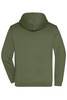 A green men's hoodie with a zip, featuring a hood and long sleeves, displayed from the back. It has a branding logo.