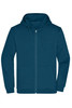 A teal men's zip hoodie with a front pocket and drawstring hood, featuring a branding logo.