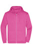 A pink men's zip hoodie featuring a front zip, hood, and pockets, with a logo on the front.