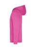 A pink zip hoodie with a hood and front pocket, featuring a logo.