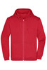 A red zip hoodie for men, featuring a front zip and two pockets, with a hood and a logo.