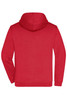 A red men's zip hoodie featuring a hood and long sleeves, with a logo on the back.