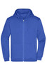 A blue men's zip hoodie featuring a hood and front pockets, with a branded logo.