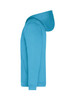 A blue men's zip hoodie with a hood, featuring a pocket and a logo.