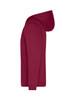 A maroon men's zip hoodie featuring a hood and kangaroo pocket, with a logo on the chest.