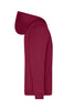 A red men's zip hoodie featuring a hood and a front pocket, with branding.