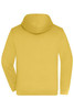 A yellow men's zip hoodie featuring a hood and a plain back design with a logo.