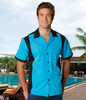 A woven bowling shirt in vibrant turquoise with black accents, featuring a button-up design and a collar.
