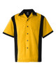 A yellow and black woven bowling shirt with a button-up front and a chest pocket, featuring a logo.