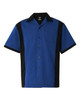 A blue and black woven bowling shirt featuring a button-up front and a chest pocket. It includes a logo on the collar.