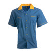 A blue button-up shirt with a yellow collar and trim, featuring two front pockets and a logo.