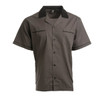 A grey button-up shirt featuring a black collar and pocket, with a logo on the label.