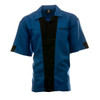 A blue and black button-up bowling shirt featuring short sleeves and a front pocket, with a logo on the collar.