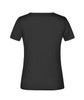 A black women's T-shirt with short sleeves, featuring a smooth, plain back design and a subtle logo.