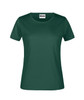 A green women's T-shirt featuring a round neck and short sleeves, with a logo on the label.