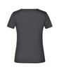 A dark grey women's t-shirt with a round neck and short sleeves, featuring a logo on the back.