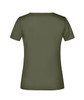 A green women's t-shirt with short sleeves, featuring a simple design and a logo on the back.