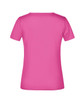 A pink T-shirt with short sleeves and a fitted cut, featuring a branding logo.