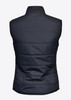 A navy women's vest with a padded design and a collar, featuring a logo on the back.