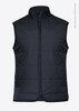 A navy blue padded vest with a high collar, featuring a front zipper and a logo. Made from recycled polyester.